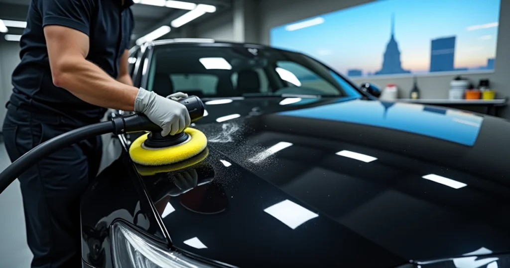 Técnico realizando polimento de pintura automotiva em carro preto com vista de Brasília ao fundo